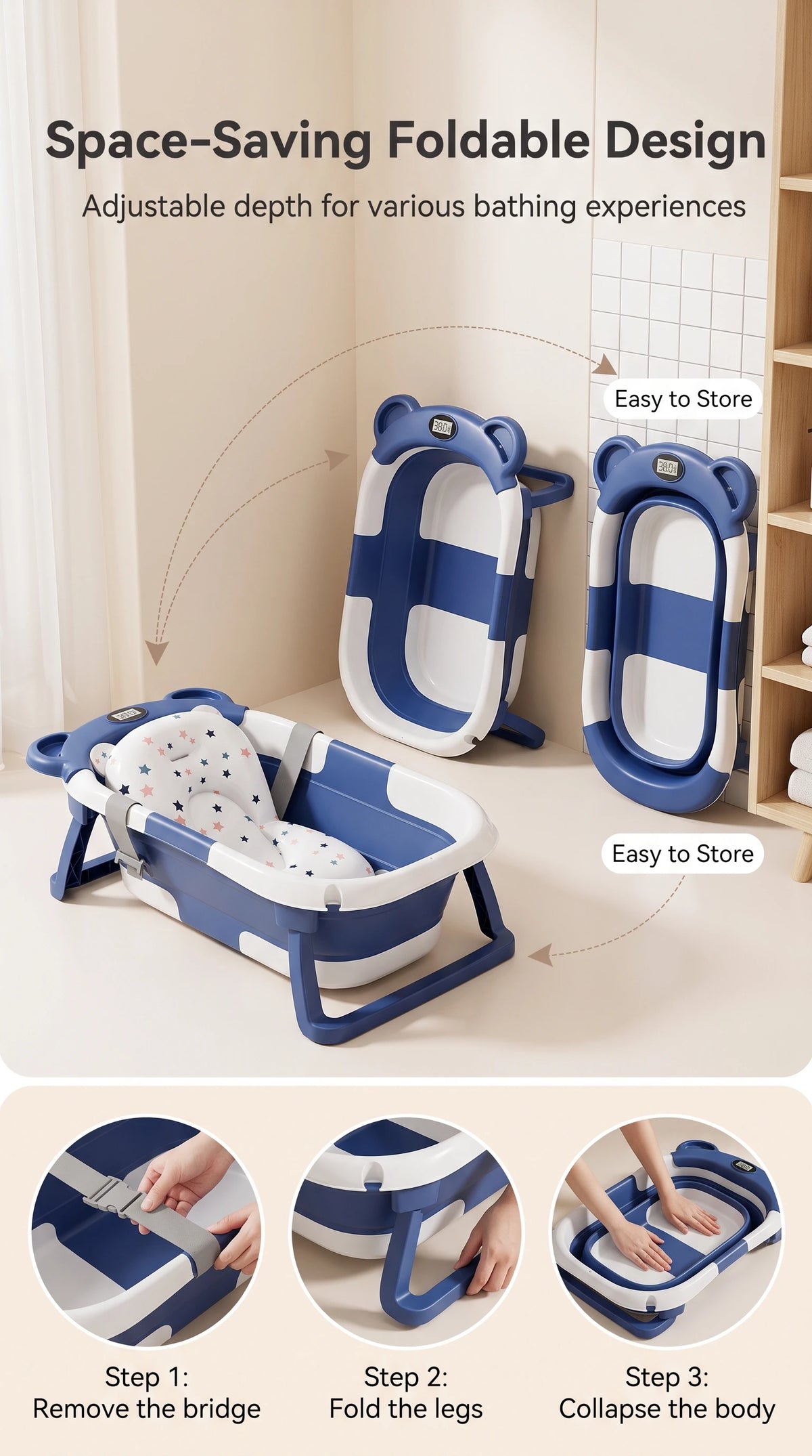 UBRAVOO Foldable Baby Bathtub Set With Temperature Display