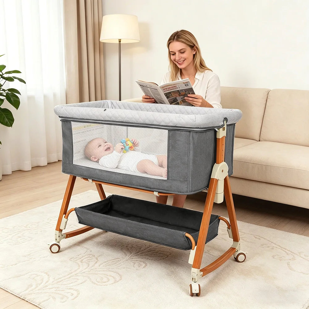 Heavy‑Duty Bedside Baby Bassinet Sleeper Kmaier Grey Minimalist Co‑Sleeper Crib with Large Storage Bin, Height Adjustable Wooden‑Grain Frame, Breathable Mesh Safe Rocking Bassinet for Newborn Boy Girl