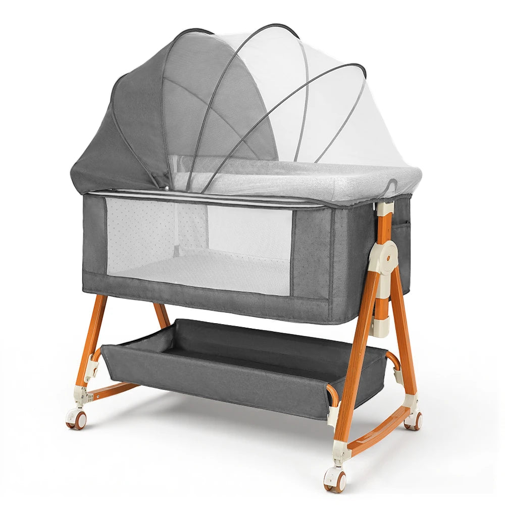 Heavy‑Duty Bedside Baby Bassinet Sleeper Kmaier Grey Minimalist Co‑Sleeper Crib with Large Storage Bin, Height Adjustable Wooden‑Grain Frame, Breathable Mesh Safe Rocking Bassinet for Newborn Boy Girl