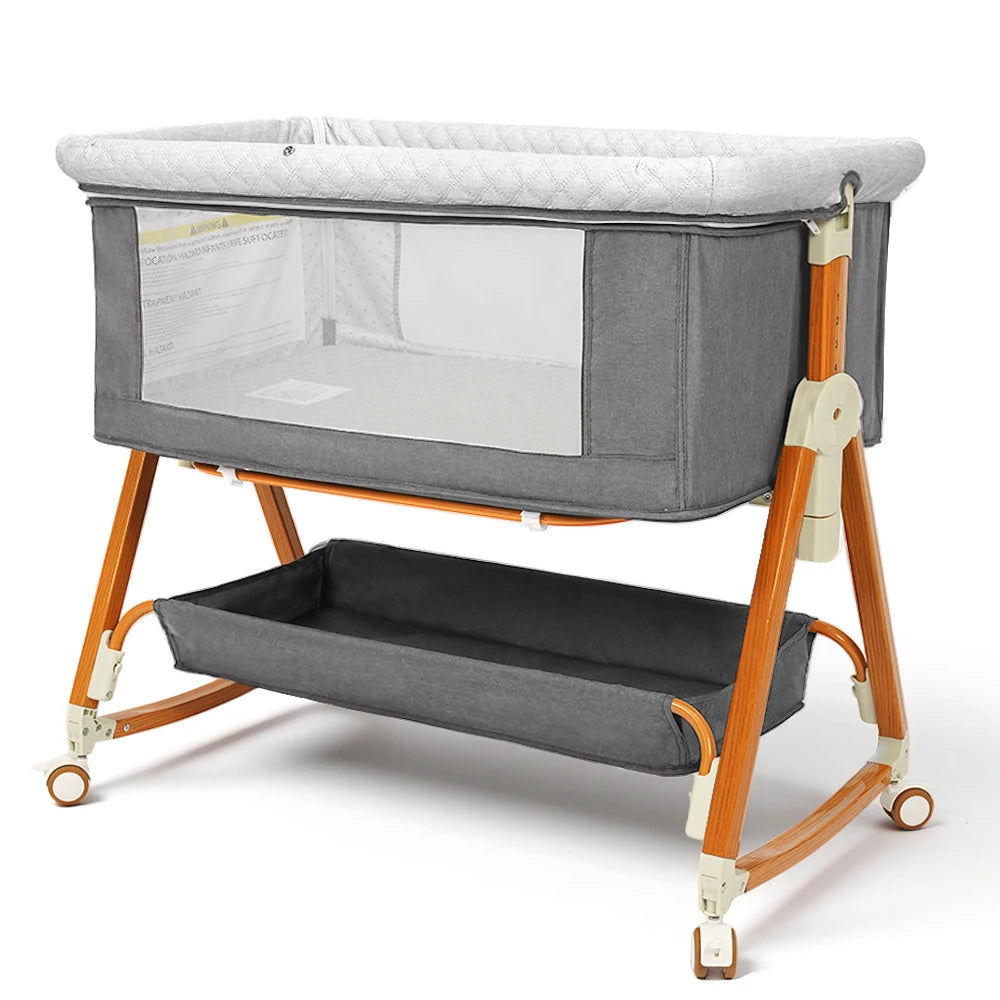 Heavy‑Duty Bedside Baby Bassinet Sleeper Kmaier Grey Minimalist Co‑Sleeper Crib with Large Storage Bin, Height Adjustable Wooden‑Grain Frame, Breathable Mesh Safe Rocking Bassinet for Newborn Boy Girl