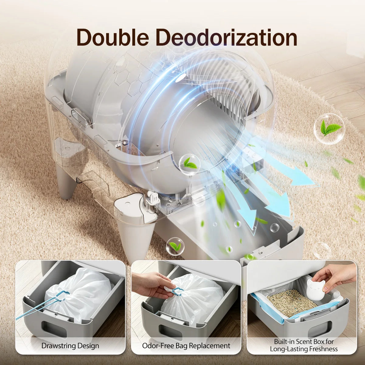 95L Self-Cleaning Automatic Cat Litter Box, Smart App Monitor Enclosed Kitty Litter Box, Anti-Pinch Safety & Odor Control, Extra Large Space for Multi-Cat Household, White Automatic Cat