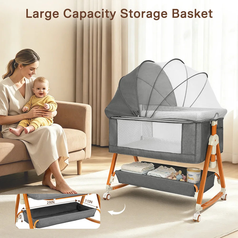 Heavy‑Duty Bedside Baby Bassinet Sleeper Kmaier Grey Minimalist Co‑Sleeper Crib with Large Storage Bin, Height Adjustable Wooden‑Grain Frame, Breathable Mesh Safe Rocking Bassinet for Newborn Boy Girl
