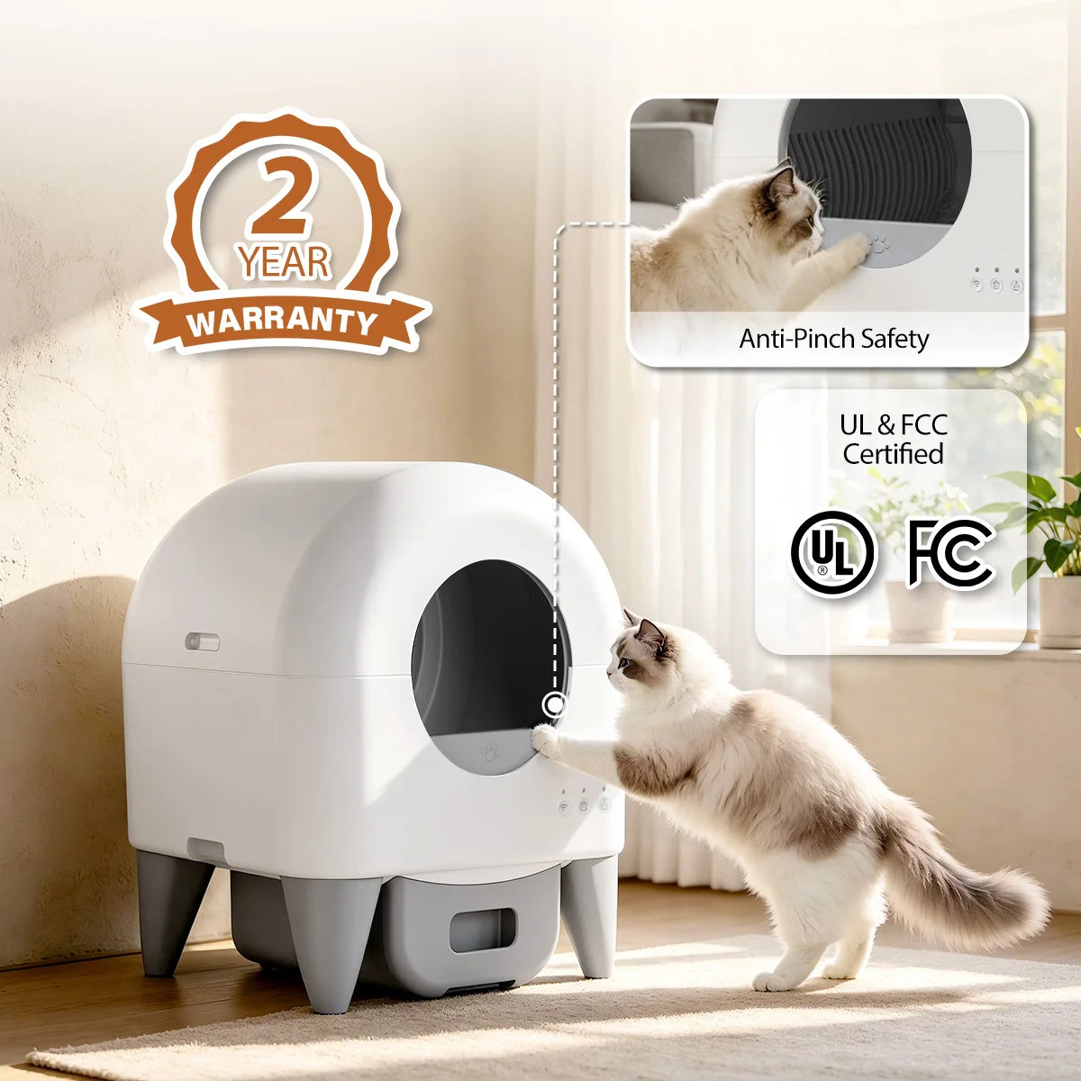95L Self-Cleaning Automatic Cat Litter Box, Smart App Monitor Enclosed Kitty Litter Box, Anti-Pinch Safety & Odor Control, Extra Large Space for Multi-Cat Household, White Automatic Cat