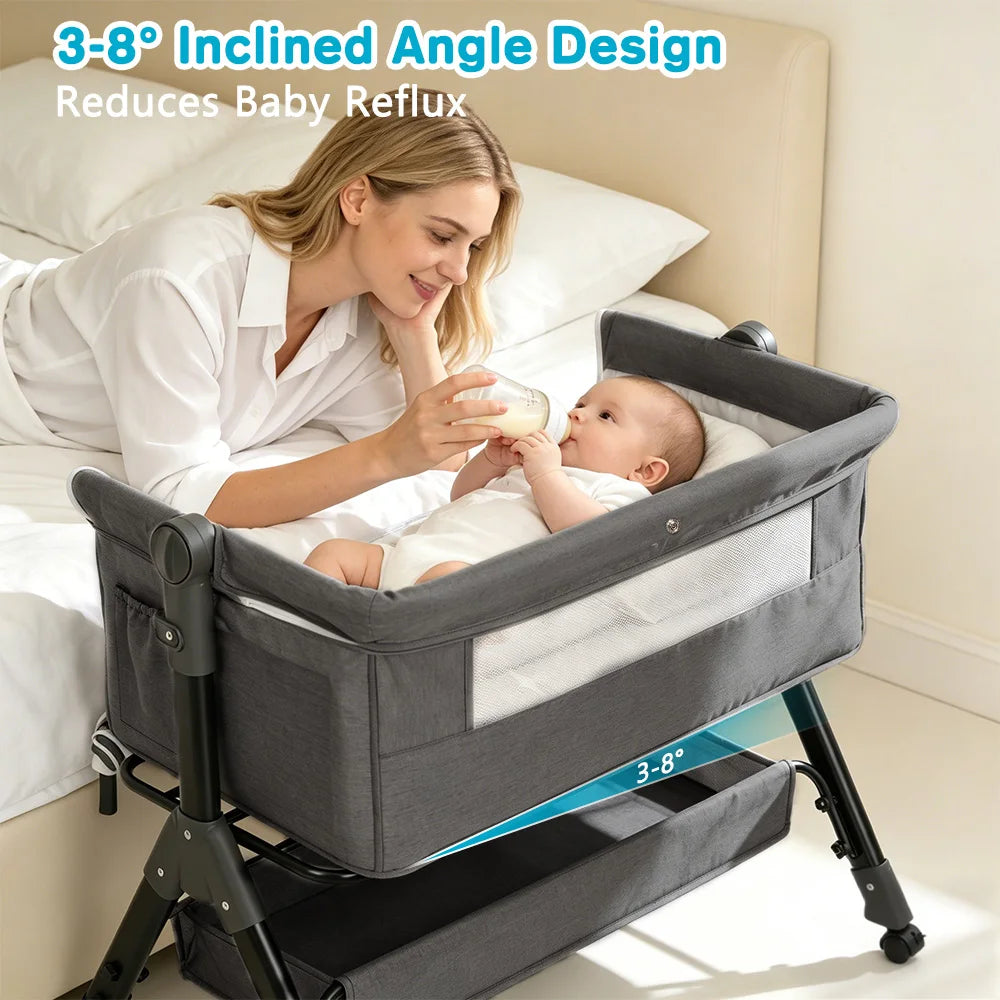 Baby Bassinet 3 in 1 Baby Bassinet Bedside Sleeper, Easy Assemble And Folding Portable Baby Cradler, Height Adjustable Newborn Crib with Mosquito Canopy,3 Colors (Grey/Dark Grey/Pink)