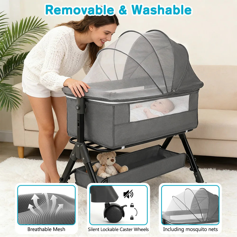 Baby Bassinet 3 in 1 Baby Bassinet Bedside Sleeper, Easy Assemble And Folding Portable Baby Cradler, Height Adjustable Newborn Crib with Mosquito Canopy,3 Colors (Grey/Dark Grey/Pink)