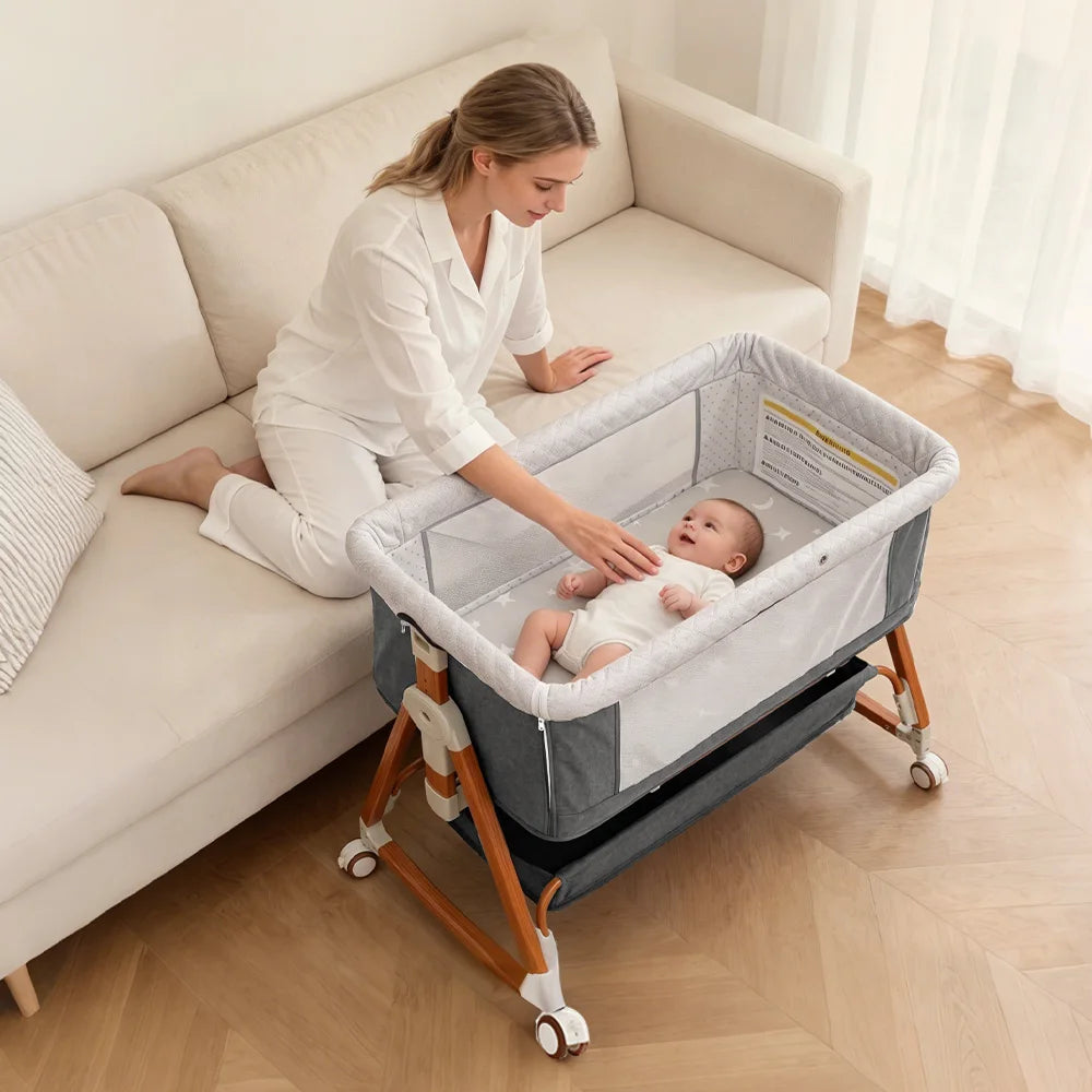 Heavy‑Duty Bedside Baby Bassinet Sleeper Kmaier Grey Minimalist Co‑Sleeper Crib with Large Storage Bin, Height Adjustable Wooden‑Grain Frame, Breathable Mesh Safe Rocking Bassinet for Newborn Boy Girl