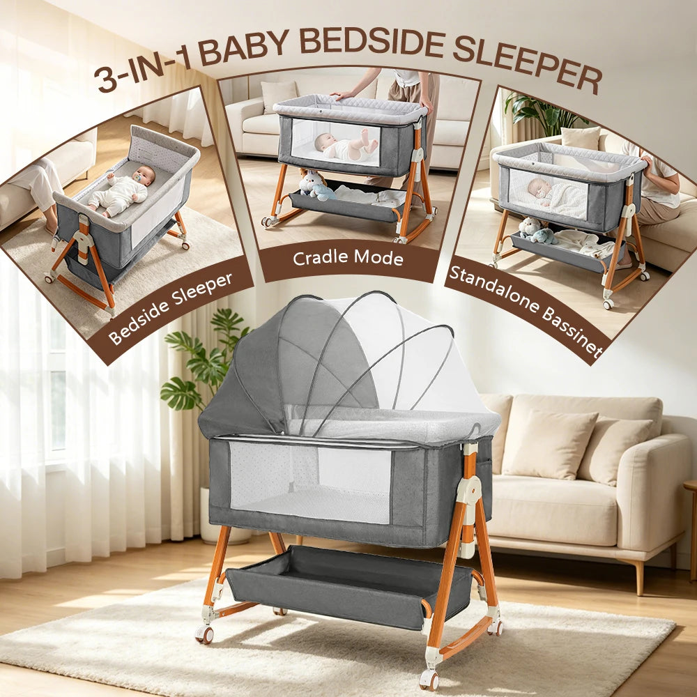 Heavy‑Duty Bedside Baby Bassinet Sleeper Kmaier Grey Minimalist Co‑Sleeper Crib with Large Storage Bin, Height Adjustable Wooden‑Grain Frame, Breathable Mesh Safe Rocking Bassinet for Newborn Boy Girl