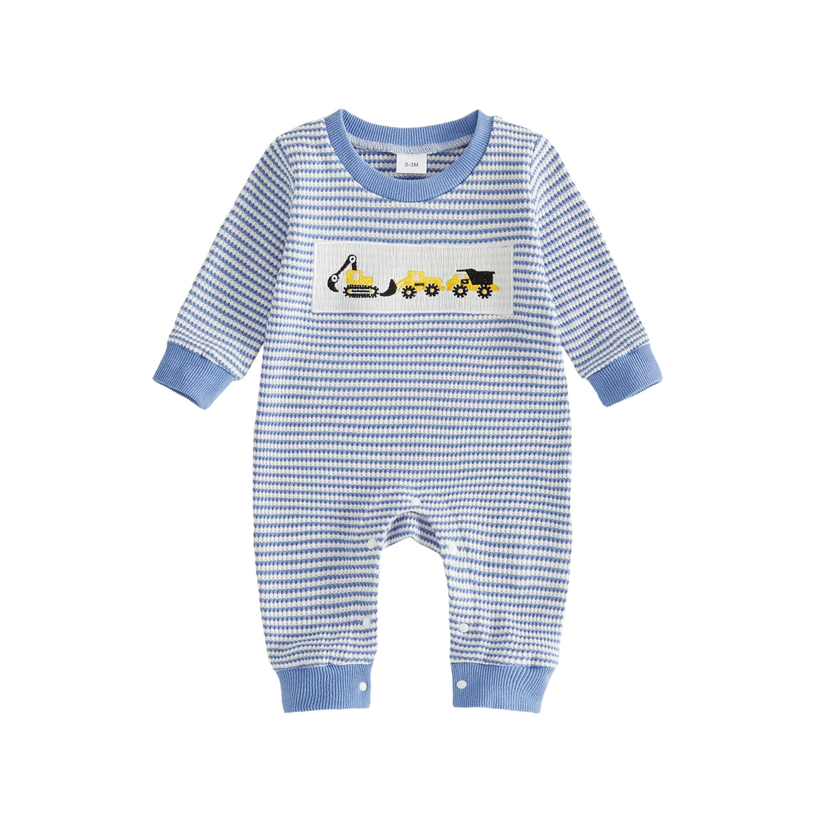 Excavator Patch Romper Striped Jumpsuit Long Sleeve Crewneck Excavator Boys Jumpsuit Baby Boys Boys Striped Compact