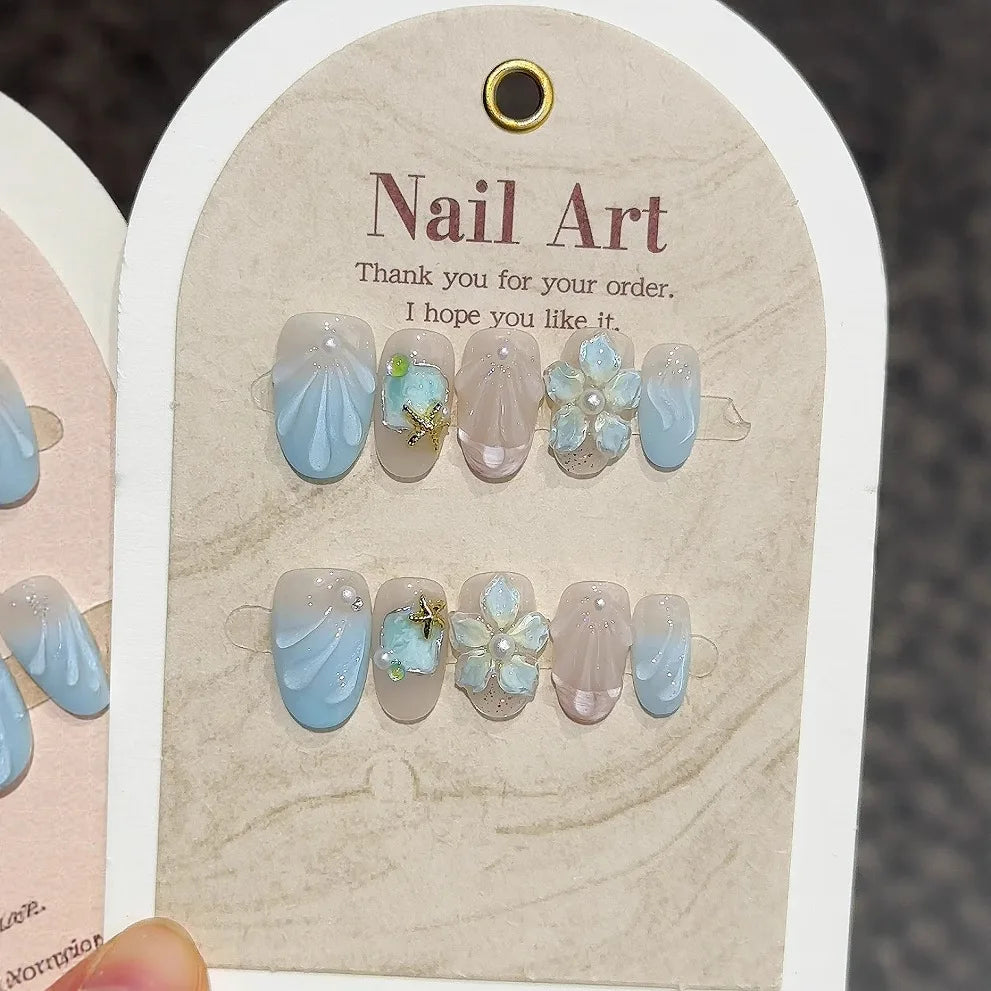 10pcs 3D Flower Handmade Press on Nails Short Almond False Nails Shiny Cat Eye Stick on Nail Metal Bowknot Delicate Nails Pink