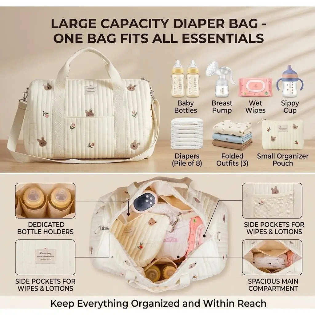Quilted Diaper Bags, 40cm Embroidery Stylish Diaper Tote, Travel Shoulder Luggage Bag,hospital Bag for Mom and Baby,Overnight Travel Handbag for Mom Dad Everyday Use, Travel Essential
