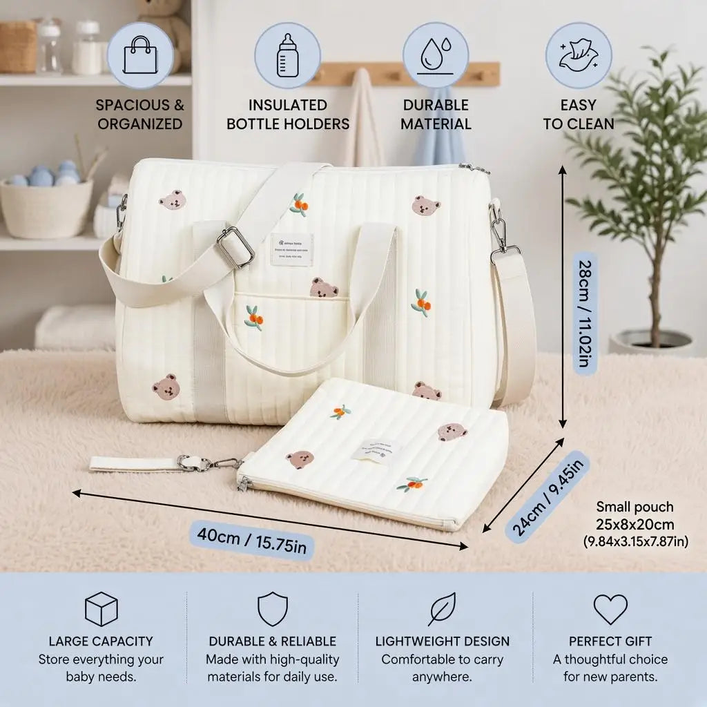 Quilted Diaper Bags, 40cm Embroidery Stylish Diaper Tote, Travel Shoulder Luggage Bag,hospital Bag for Mom and Baby,Overnight Travel Handbag for Mom Dad Everyday Use, Travel Essential