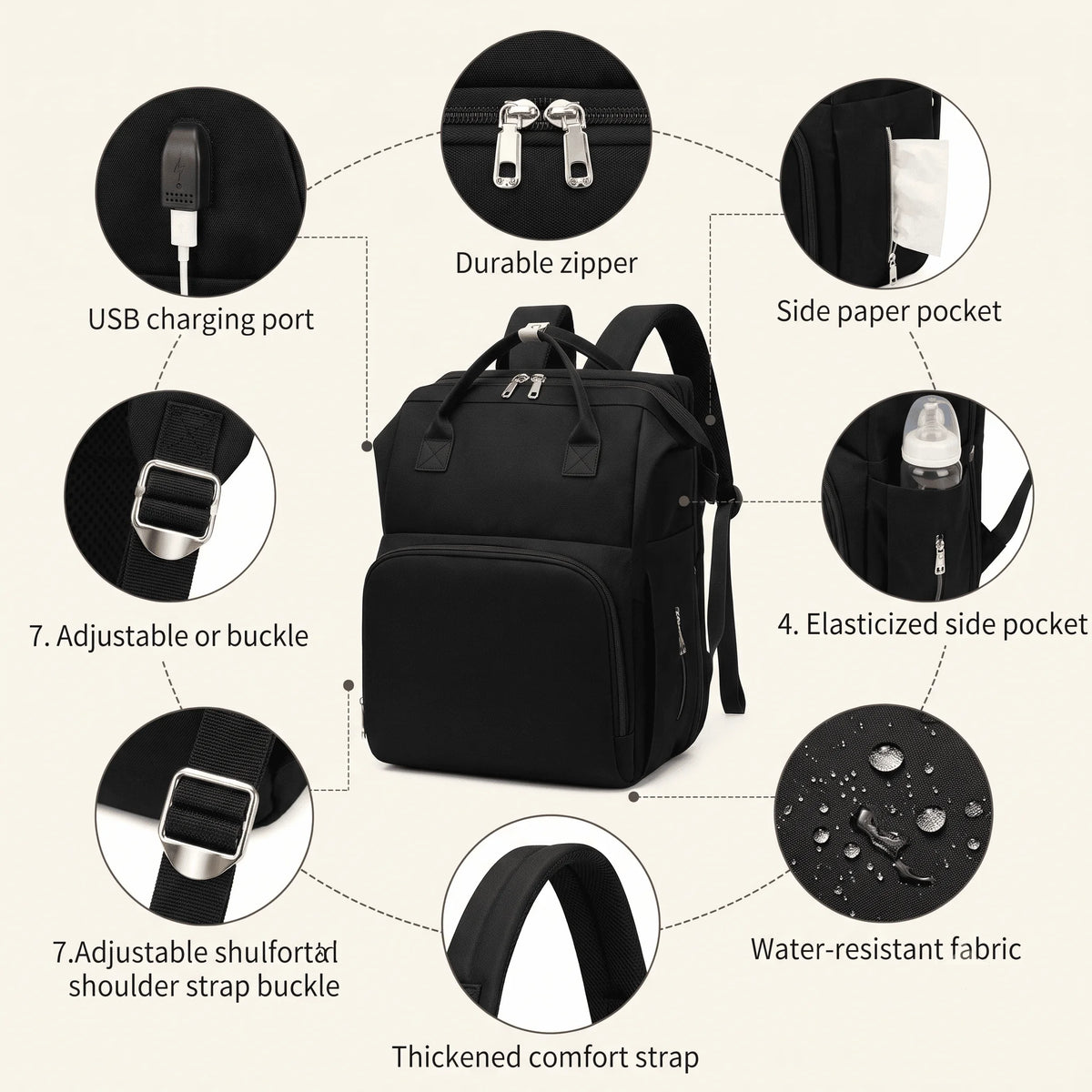 Multifunctional Travel Diaper Bag Backpack with Foldable Bassinet, Large Capacity Baby Nappy Bag with USB Charging Port and USB External Port