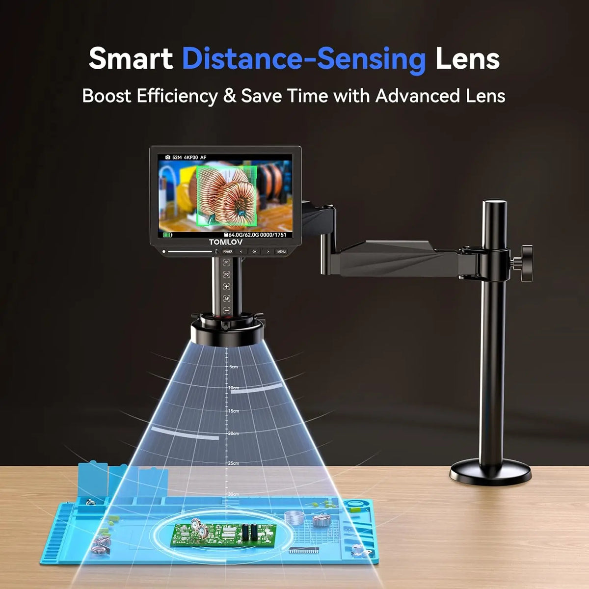 TOMLOV Autofocus 4K HDMI Digital Microscope TM4K-AF Flex Arm Soldering Microscope for Adults, 8" Coin Microscope with Ring Light, 52MP LCD Microscopes with Screen, Electronics Repair Mat