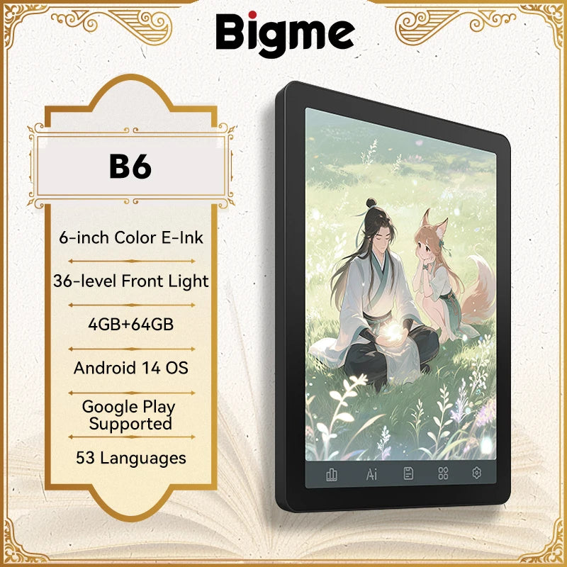 Bigme B6 Electronic book, 6'' color e-ink ebook reader 36-level front light Android 14 OS w/ Google Play, Eye-Protecting ereader