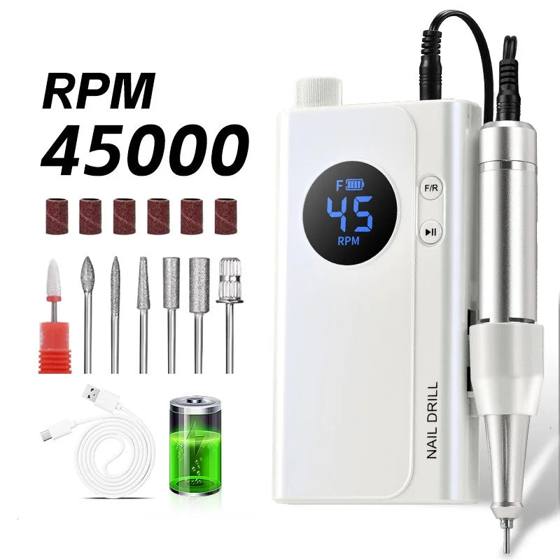 45000RPM Portable Cordless Nail Drill, 4500mAh Rechargeable Battery Electric Nail File, Nail Grinding Machine for Removing Nail Gel & Acrylic Nails, Ideal Holiday Gift Home & Salon