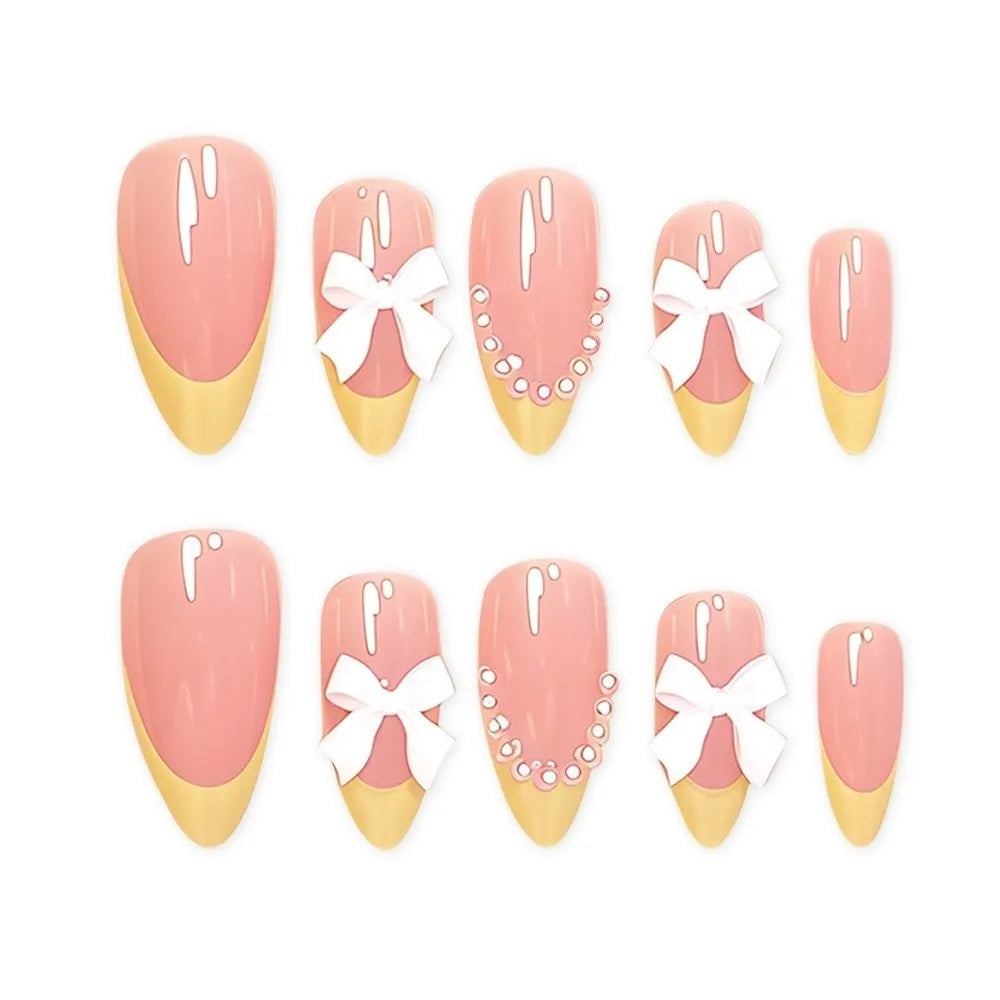 24Pcs White French Tip Press on Nails Short Almond Fake Nails with 3D Bow Pearl Design Cute Acrylic Nails Kit Glossy Nude Pink