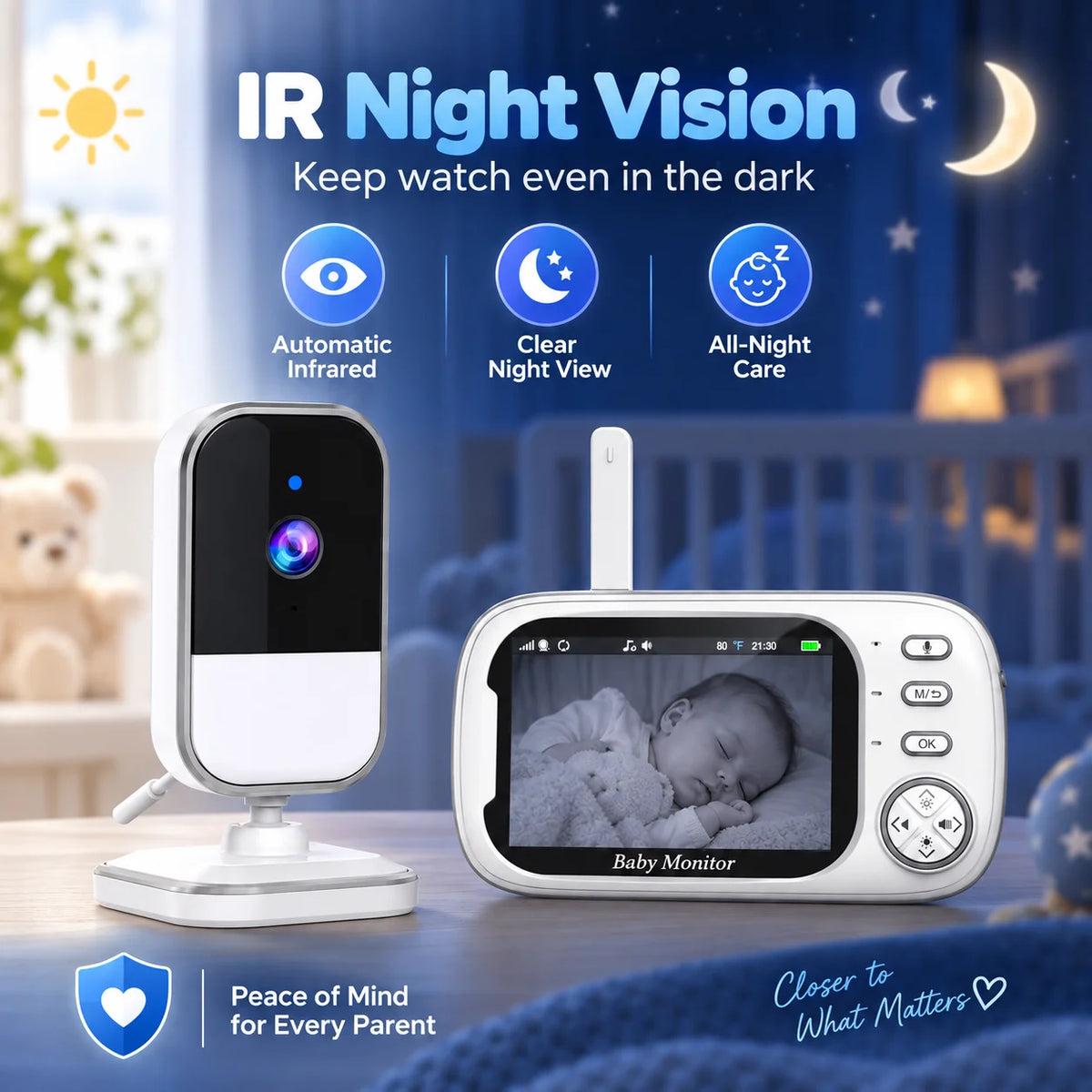 3.5" Video Baby Monitor with Camera, 2.4GHz FHSS No WiFi Needed, Two-Way Audio, IR Night Vision, VOX Cry Alert, Temperature Monitoring, Feeding Reminder, Lullabies, 300m Long Range for Baby Care