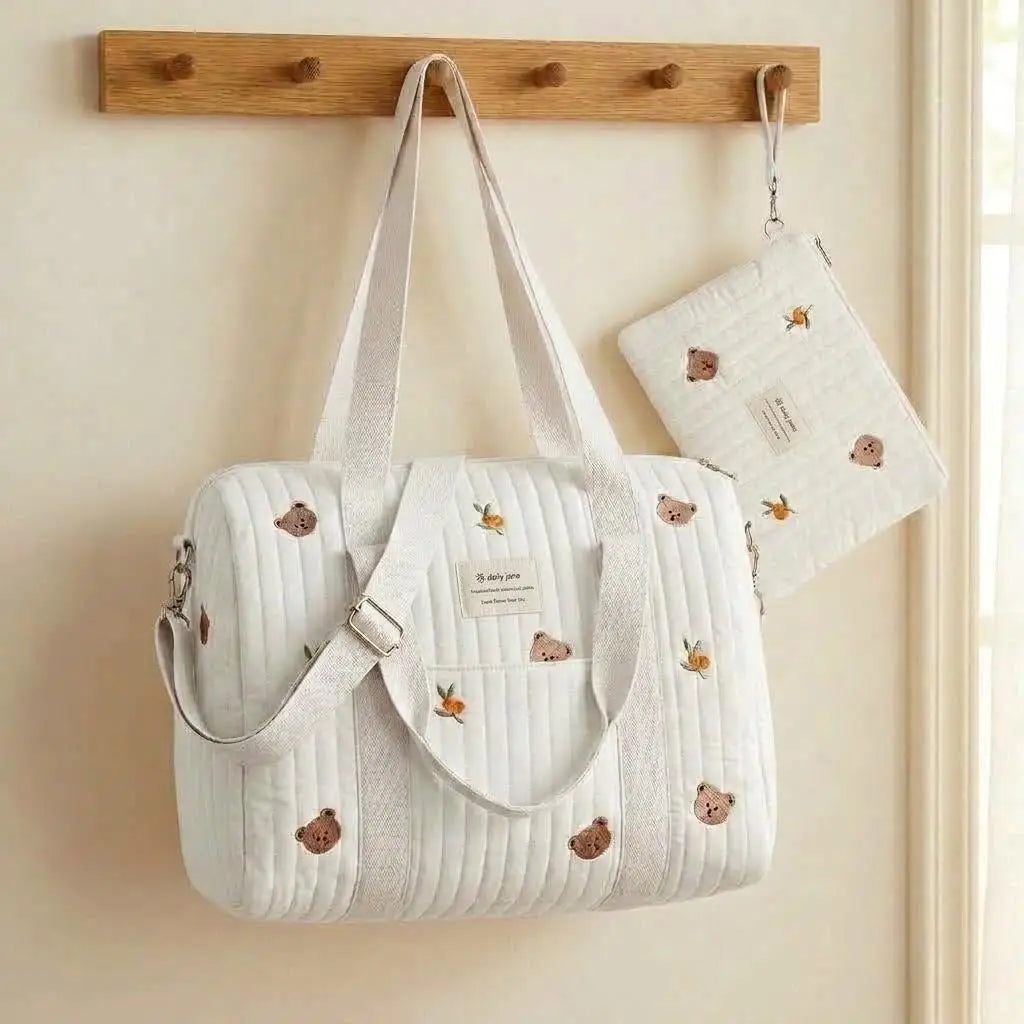 Quilted Diaper Bags, 40cm Embroidery Stylish Diaper Tote, Travel Shoulder Luggage Bag,hospital Bag for Mom and Baby,Overnight Travel Handbag for Mom Dad Everyday Use, Travel Essential