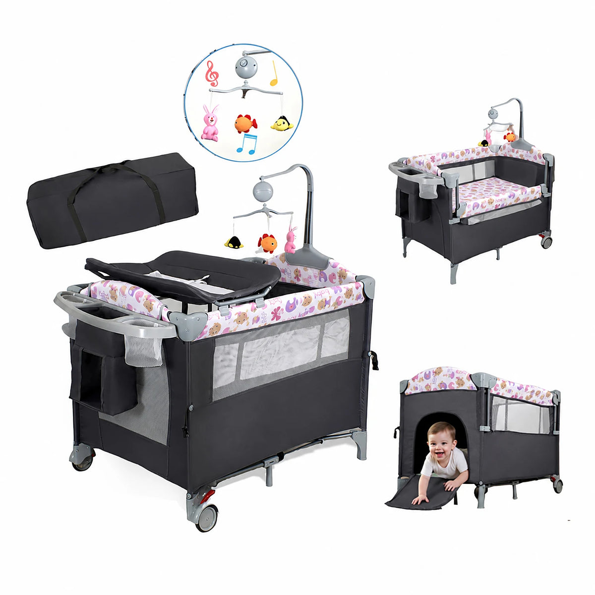 Steanny Pack N Play, Playard with Bassinet, Bedside Pack and Play, Baby Travel Bassinet, Fodle Playpen with Wheels