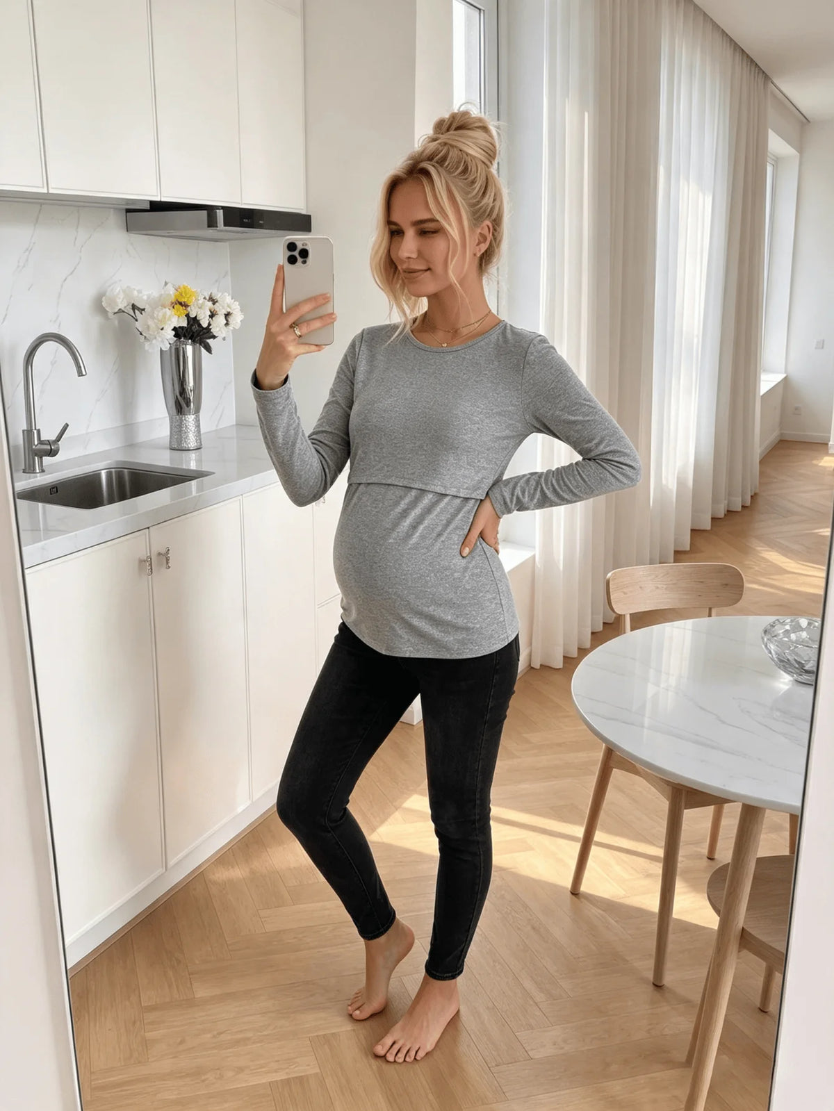Pack of 3, pregnant women's breastfeeding long-sleeved tops, autumn and winter versatile care T-shirts, maternity clothes