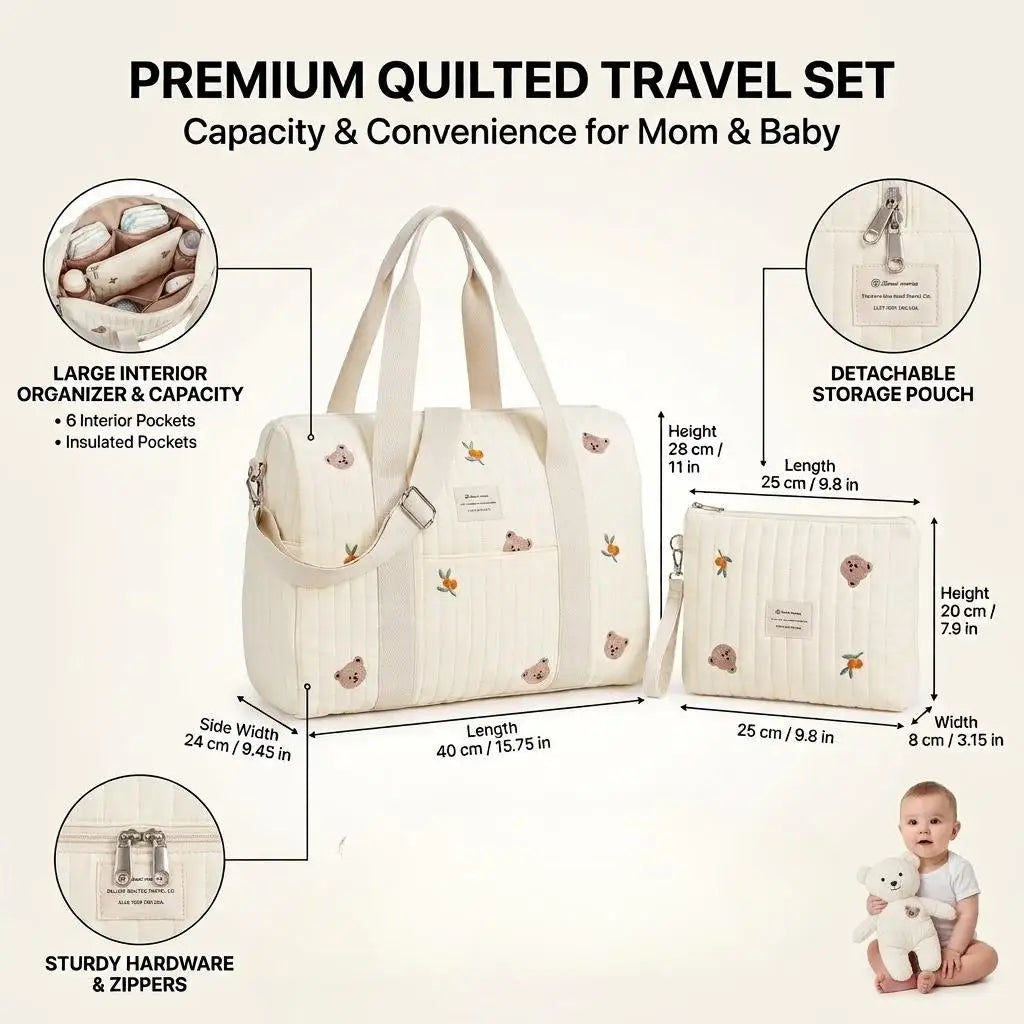 Quilted Diaper Bags, 40cm Embroidery Stylish Diaper Tote, Travel Shoulder Luggage Bag,hospital Bag for Mom and Baby,Overnight Travel Handbag for Mom Dad Everyday Use, Travel Essential