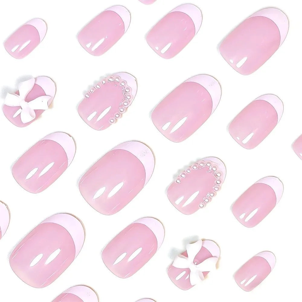 24Pcs White French Tip Press on Nails Short Almond Fake Nails with 3D Bow Pearl Design Cute Acrylic Nails Kit Glossy Nude Pink