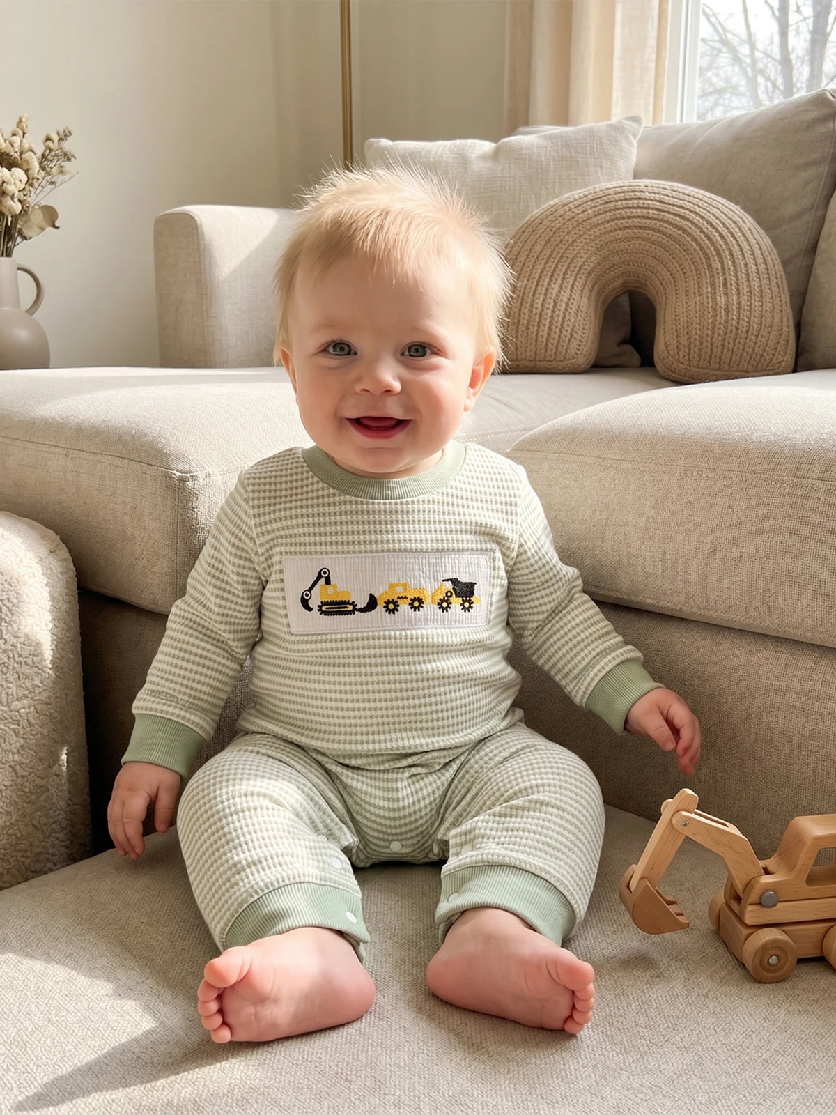 Excavator Patch Romper Striped Jumpsuit Long Sleeve Crewneck Excavator Boys Jumpsuit Baby Boys Boys Striped Compact