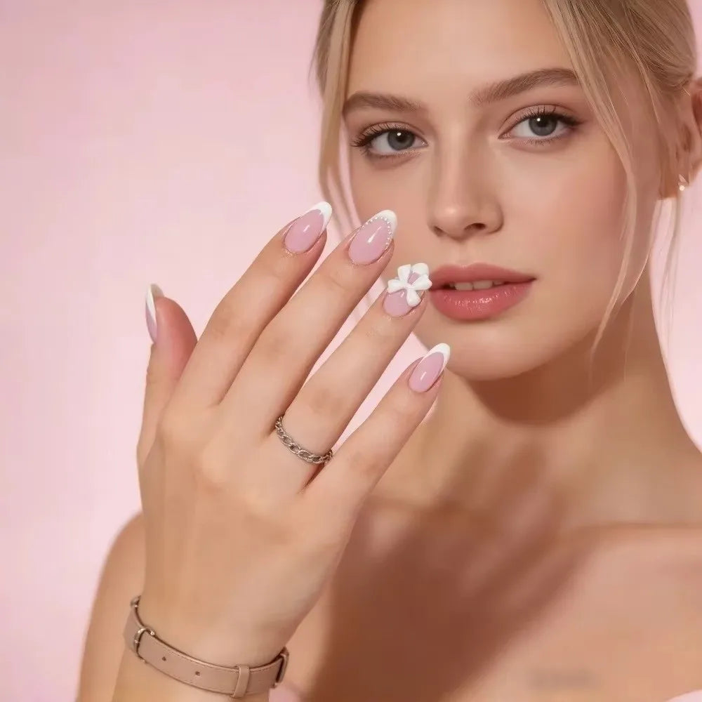 24Pcs White French Tip Press on Nails Short Almond Fake Nails with 3D Bow Pearl Design Cute Acrylic Nails Kit Glossy Nude Pink