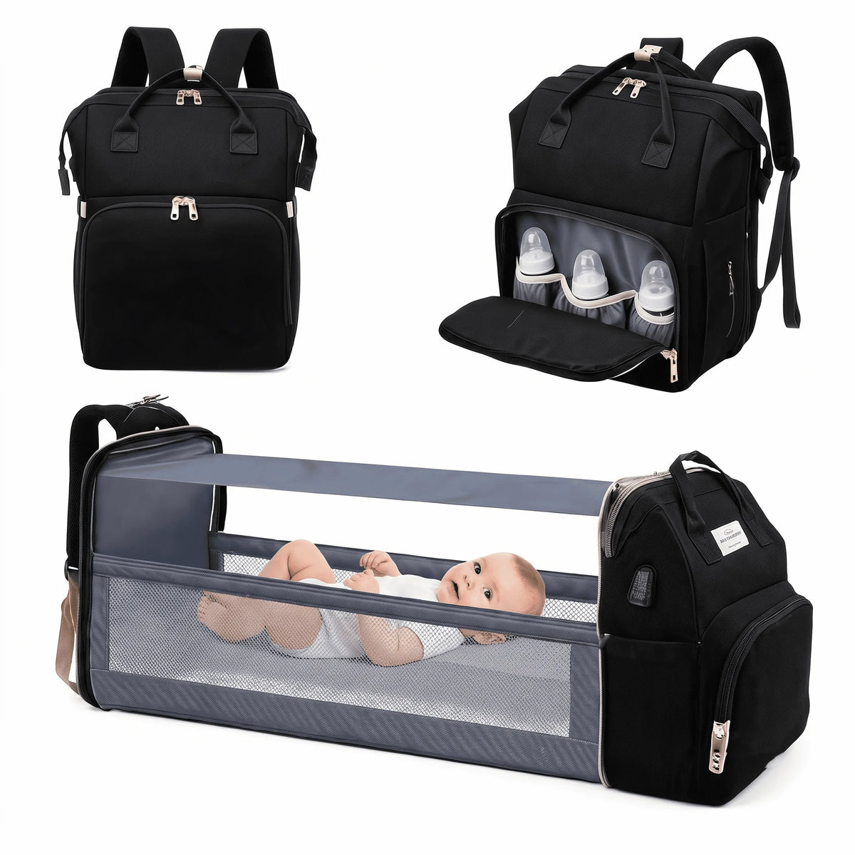 Multifunctional Travel Diaper Bag Backpack with Foldable Bassinet, Large Capacity Baby Nappy Bag with USB Charging Port and USB External Port