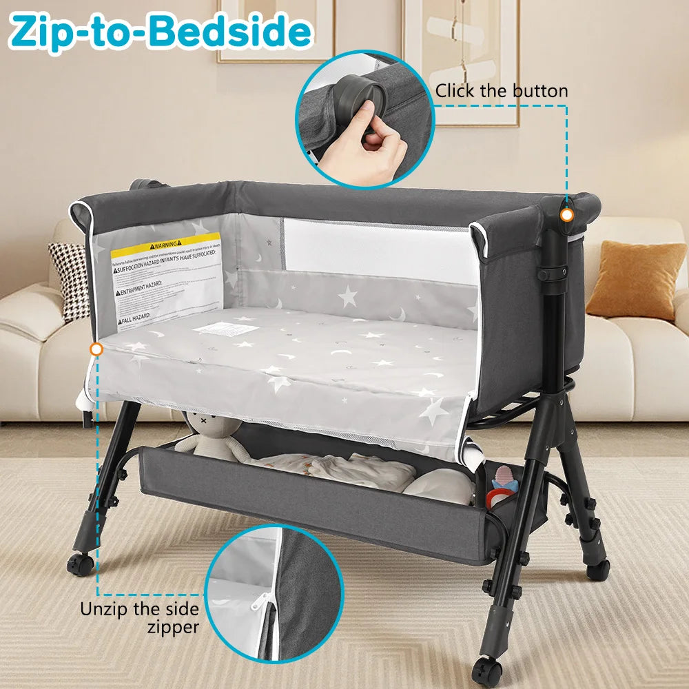 Baby Bassinet 3 in 1 Baby Bassinet Bedside Sleeper, Easy Assemble And Folding Portable Baby Cradler, Height Adjustable Newborn Crib with Mosquito Canopy,3 Colors (Grey/Dark Grey/Pink)