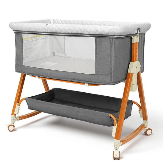 Heavy‑Duty Bedside Baby Bassinet Sleeper Kmaier  Grey Minimalist Co‑Sleeper Crib with Large Storage Bin, Height Adjustable Wooden‑Grain Frame, Breathable Mesh Safe Rocking Bassinet for Newborn Boy Girl
