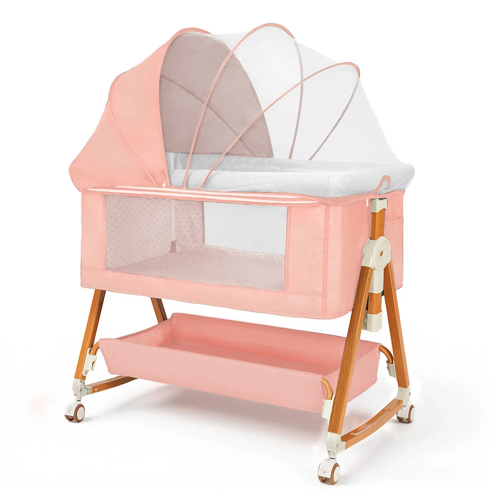 Heavy‑Duty Bedside Baby Bassinet Sleeper Kmaier  Grey Minimalist Co‑Sleeper Crib with Large Storage Bin, Height Adjustable Wooden‑Grain Frame, Breathable Mesh Safe Rocking Bassinet for Newborn Boy Girl