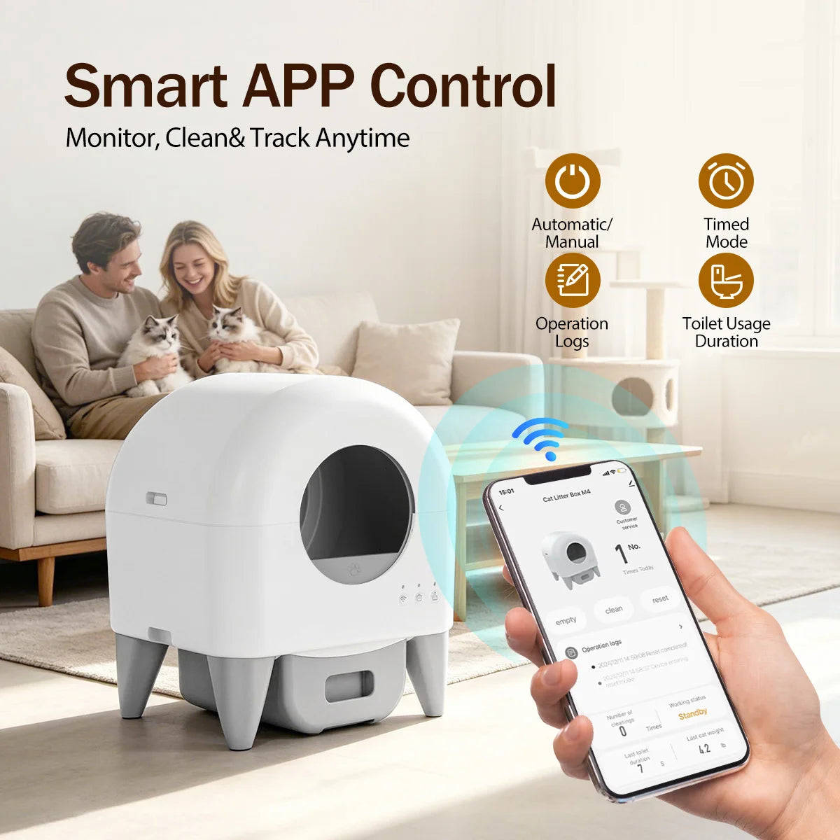 95L Self-Cleaning Automatic Cat Litter Box, Smart App Monitor Enclosed Kitty Litter Box, Anti-Pinch Safety & Odor Control, Extra Large Space for Multi-Cat Household, White Automatic Cat