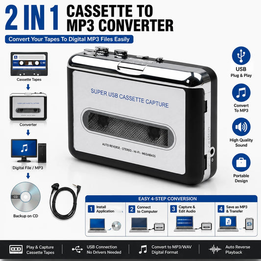 Portable USB Cassette Player to MP3 Converter Tape Audio Capture Recorder Digital Music Converter with Earphones Cable