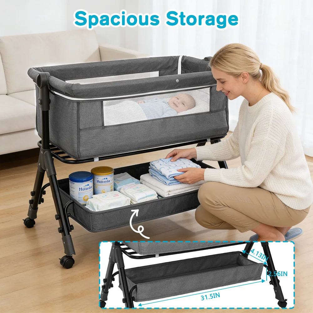 Baby Bassinet 3 in 1 Baby Bassinet Bedside Sleeper, Easy Assemble And Folding Portable Baby Cradler, Height Adjustable Newborn Crib with Mosquito Canopy,3 Colors (Grey/Dark Grey/Pink)