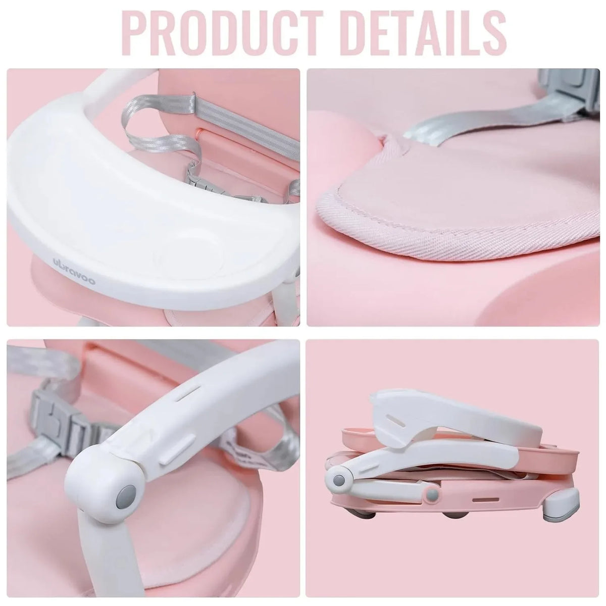 3-in-1 Portable Toddler Booster Seat Baby Dining Table Seat with Removable Tray And Cushion 4 Adjustable Heights