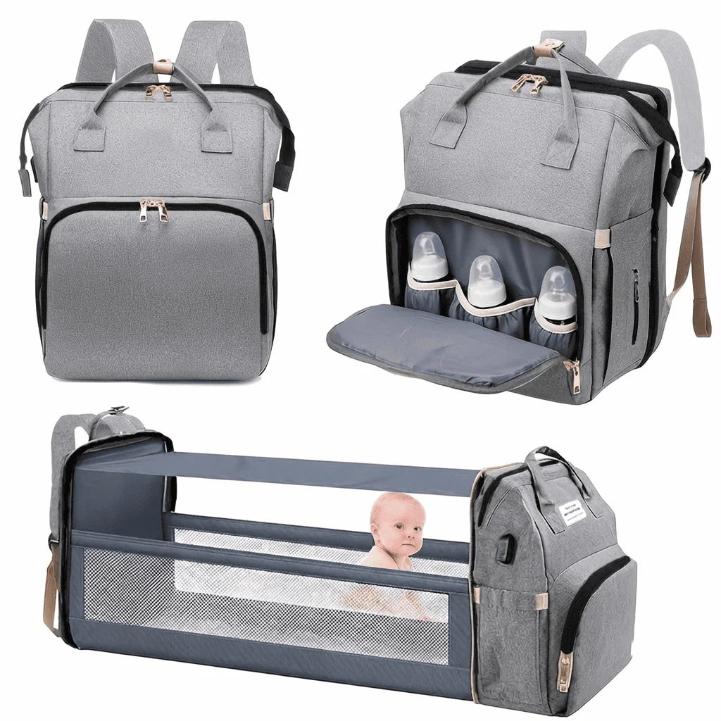 Multifunctional Travel Diaper Bag Backpack with Foldable Bassinet, Large Capacity Baby Nappy Bag with USB Charging Port and USB External Port
