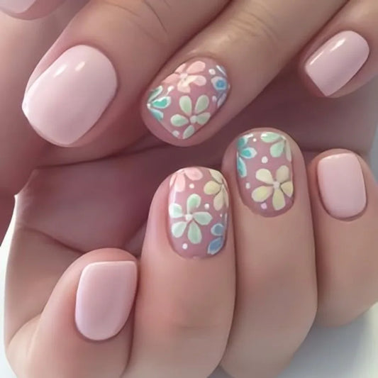 24Pcs Colorful Flower Press-On Nails Short Square Fake Spring-Summer Nail Art Set Light Pink Acrylic Full Cover Glossy False Na