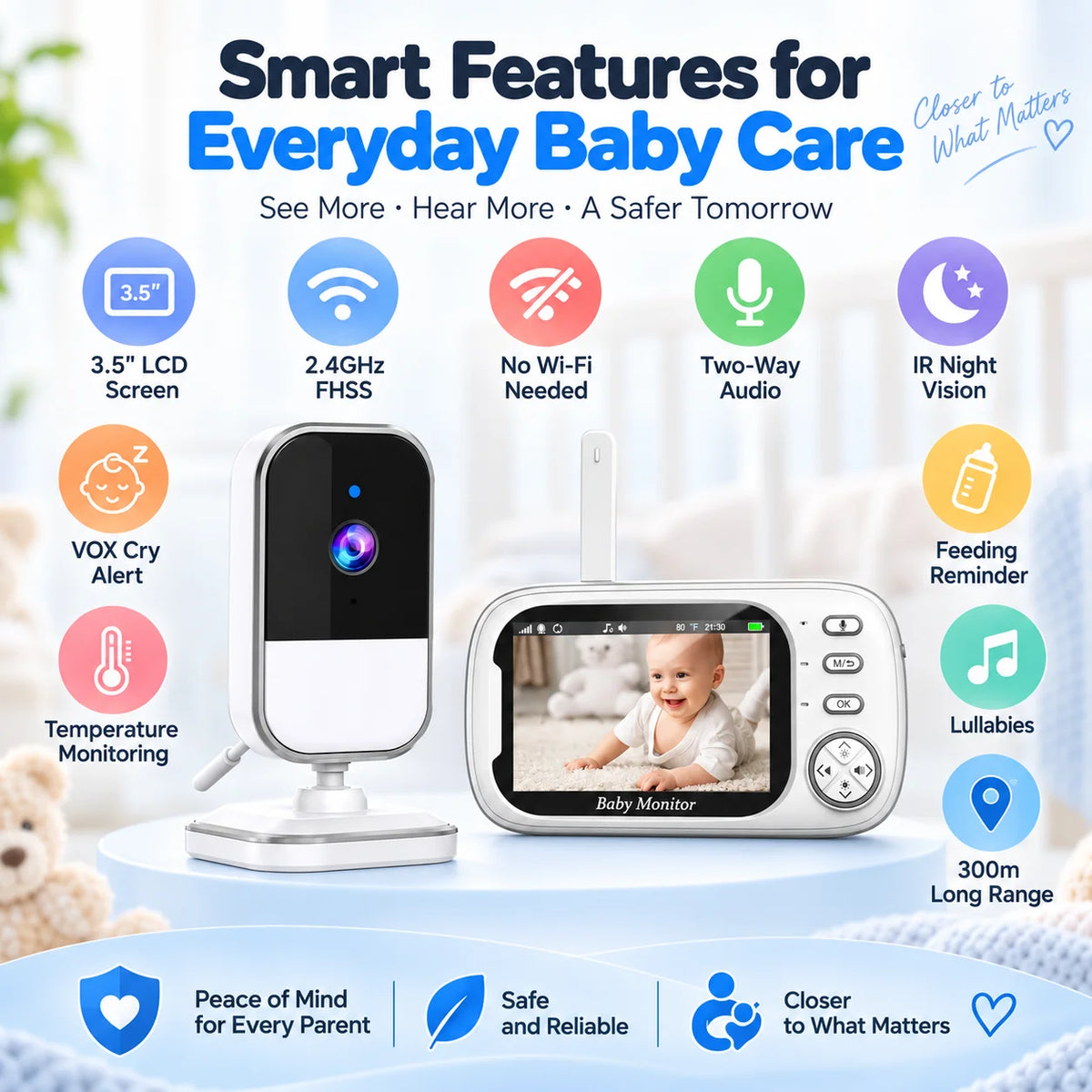 3.5" Video Baby Monitor with Camera, 2.4GHz FHSS No WiFi Needed, Two-Way Audio, IR Night Vision, VOX Cry Alert, Temperature Monitoring, Feeding Reminder, Lullabies, 300m Long Range for Baby Care