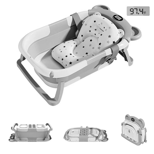 Portable Collapsible Baby Bathtub With Thermometer, Cushion And Drain Hole