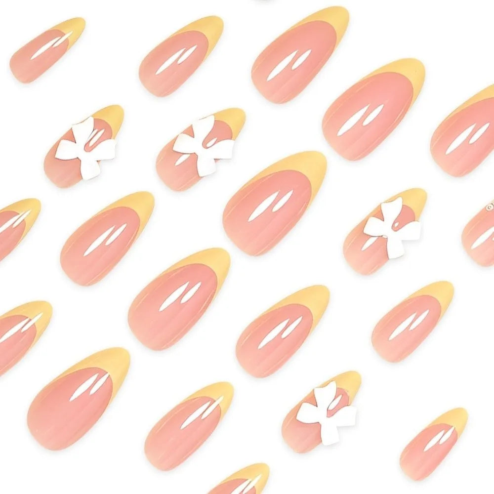 24Pcs White French Tip Press on Nails Short Almond Fake Nails with 3D Bow Pearl Design Cute Acrylic Nails Kit Glossy Nude Pink