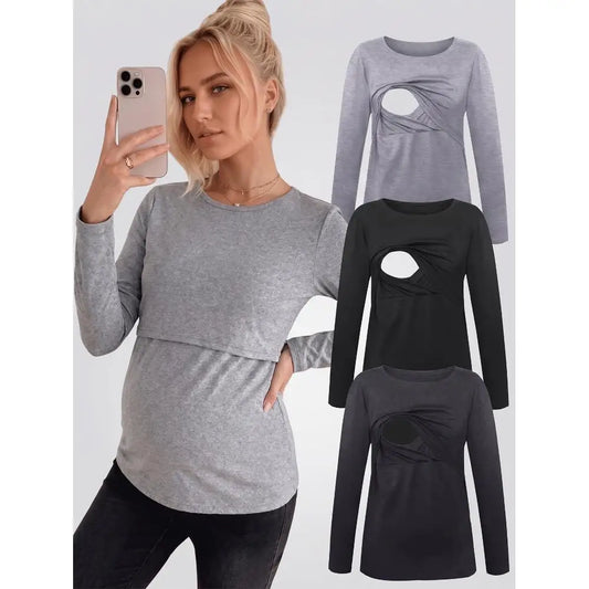 Pack of 3, pregnant women's breastfeeding long-sleeved tops, autumn and winter versatile care T-shirts, maternity clothes