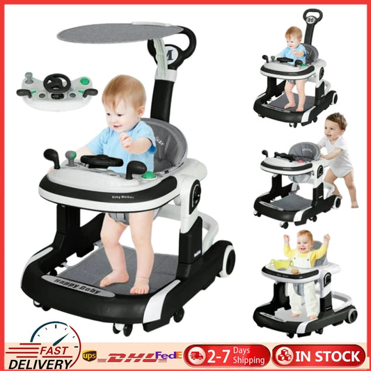 4-In-1 Baby Walker With Sunshade, Feeding And Music Trays