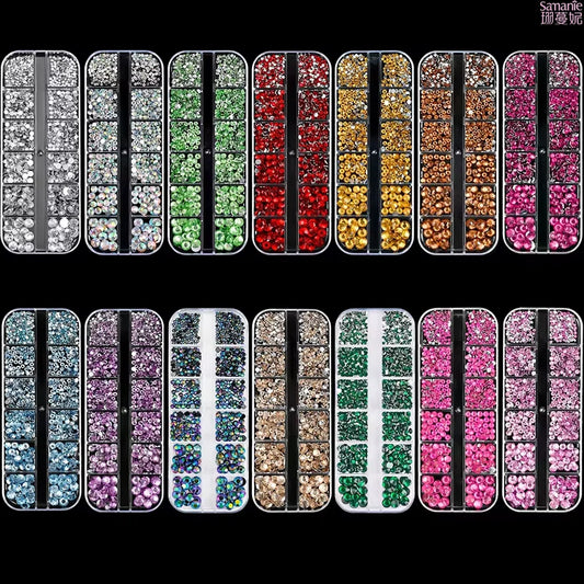 12Gird 3D Glass AB Crystal Nail Art Rhinestones Kit Flatback Round Bead Charm Gem Stones Jewelry Diamond with Tools for Nail Art