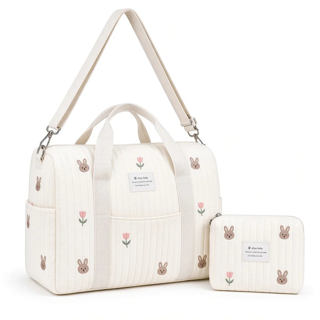 Quilted Diaper Bags, 40cm Embroidery Stylish Diaper Tote, Travel Shoulder Luggage Bag,hospital Bag for Mom and Baby,Overnight Travel Handbag for  Mom Dad Everyday Use, Travel Essential
