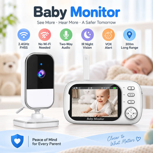 3.5" Video Baby Monitor with Camera, 2.4GHz FHSS No WiFi Needed, Two-Way Audio, IR Night Vision, VOX Cry Alert, Temperature Monitoring, Feeding Reminder, Lullabies, 300m Long Range for Baby Care