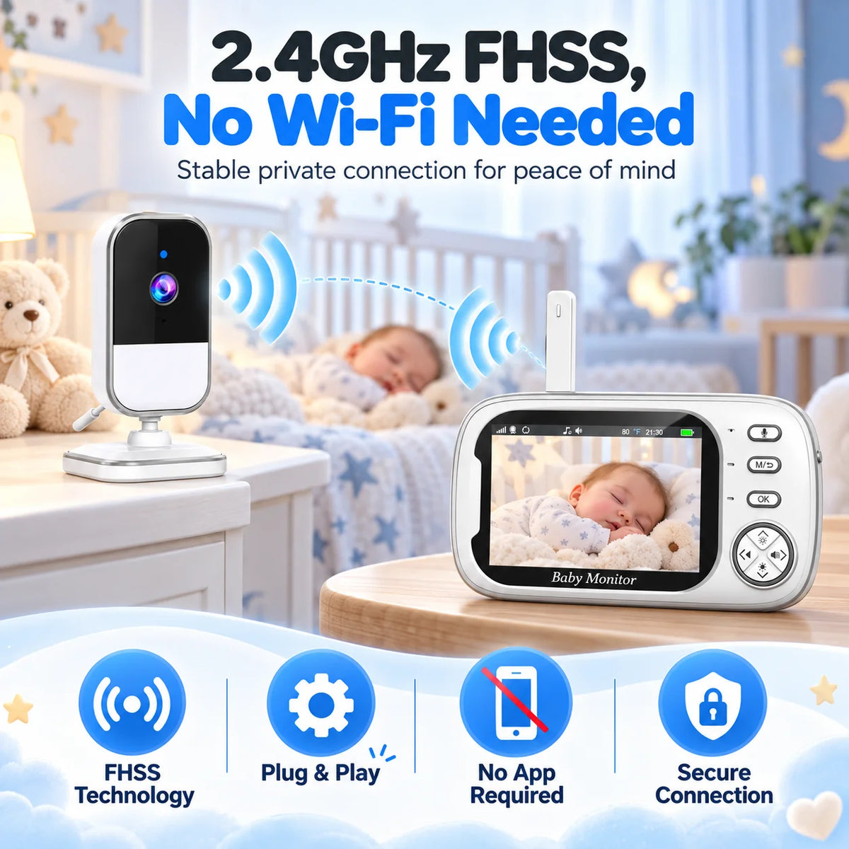 3.5" Video Baby Monitor with Camera, 2.4GHz FHSS No WiFi Needed, Two-Way Audio, IR Night Vision, VOX Cry Alert, Temperature Monitoring, Feeding Reminder, Lullabies, 300m Long Range for Baby Care