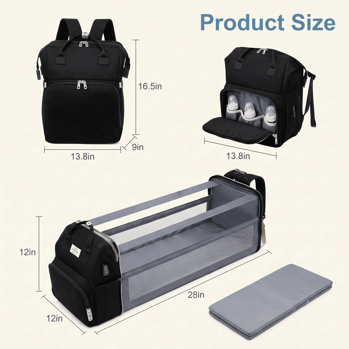 Multifunctional Travel Diaper Bag Backpack with Foldable Bassinet, Large Capacity Baby Nappy Bag with USB Charging Port and USB External Port