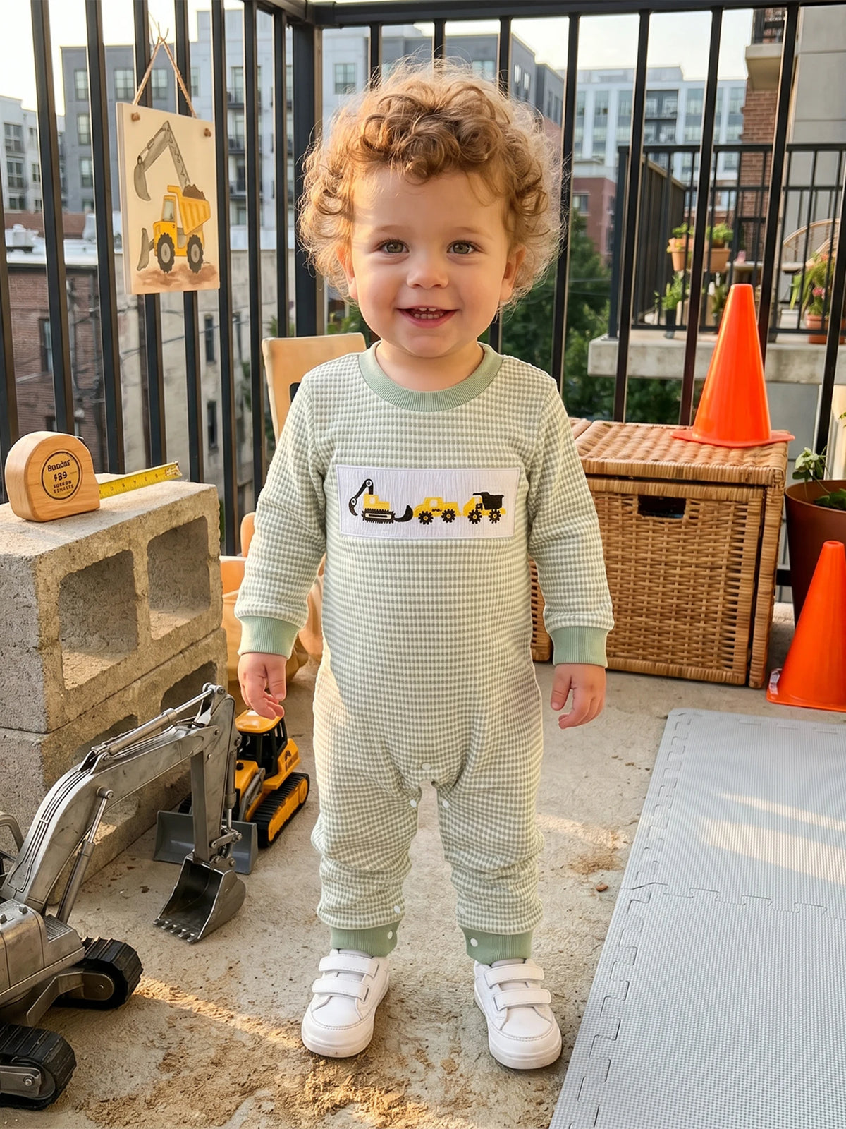 Excavator Patch Romper Striped Jumpsuit Long Sleeve Crewneck Excavator Boys Jumpsuit Baby Boys Boys Striped Compact