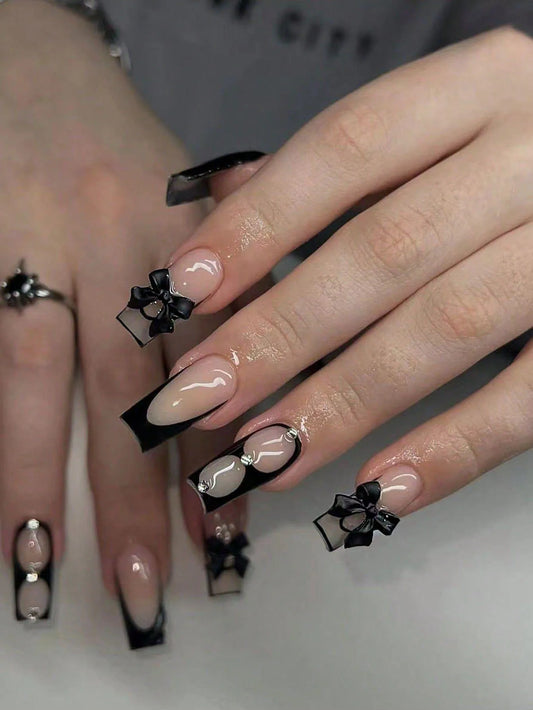 24PCS Black French Pointed Nail, Medium Square Fake Nail Design, Black Bow, Fully Covered Fake Nail